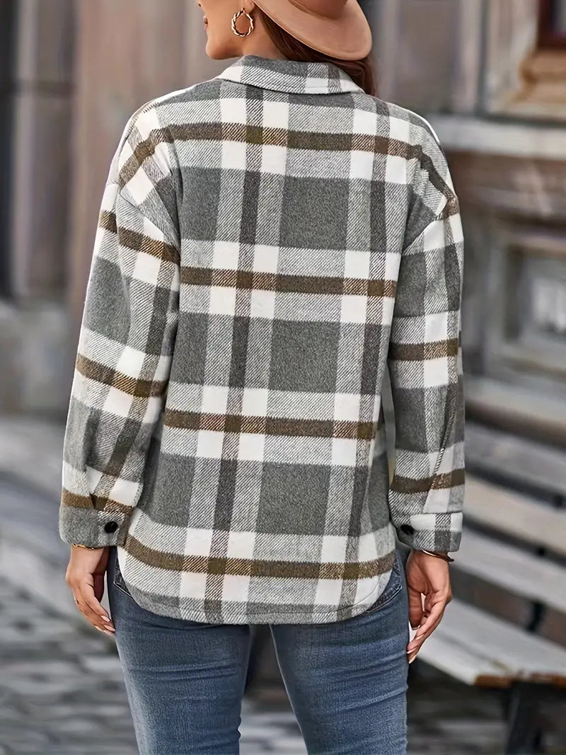 Grey & Tan Plaid Button Down Shacket