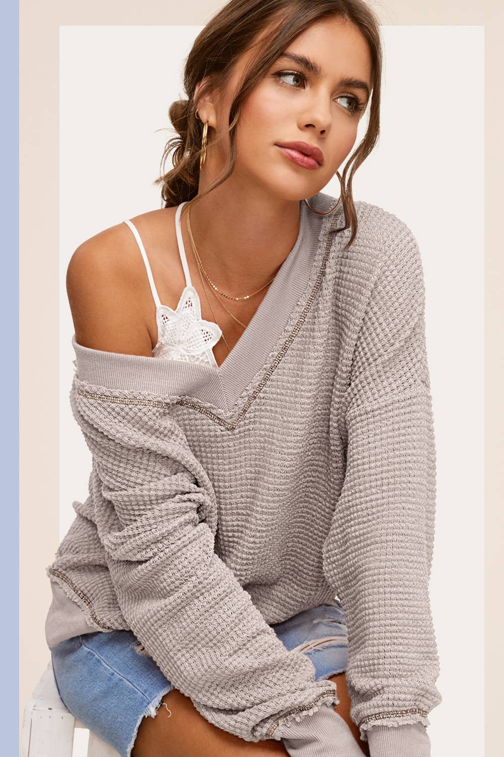 Ash Waffle Knit V-neck Long Sleeve