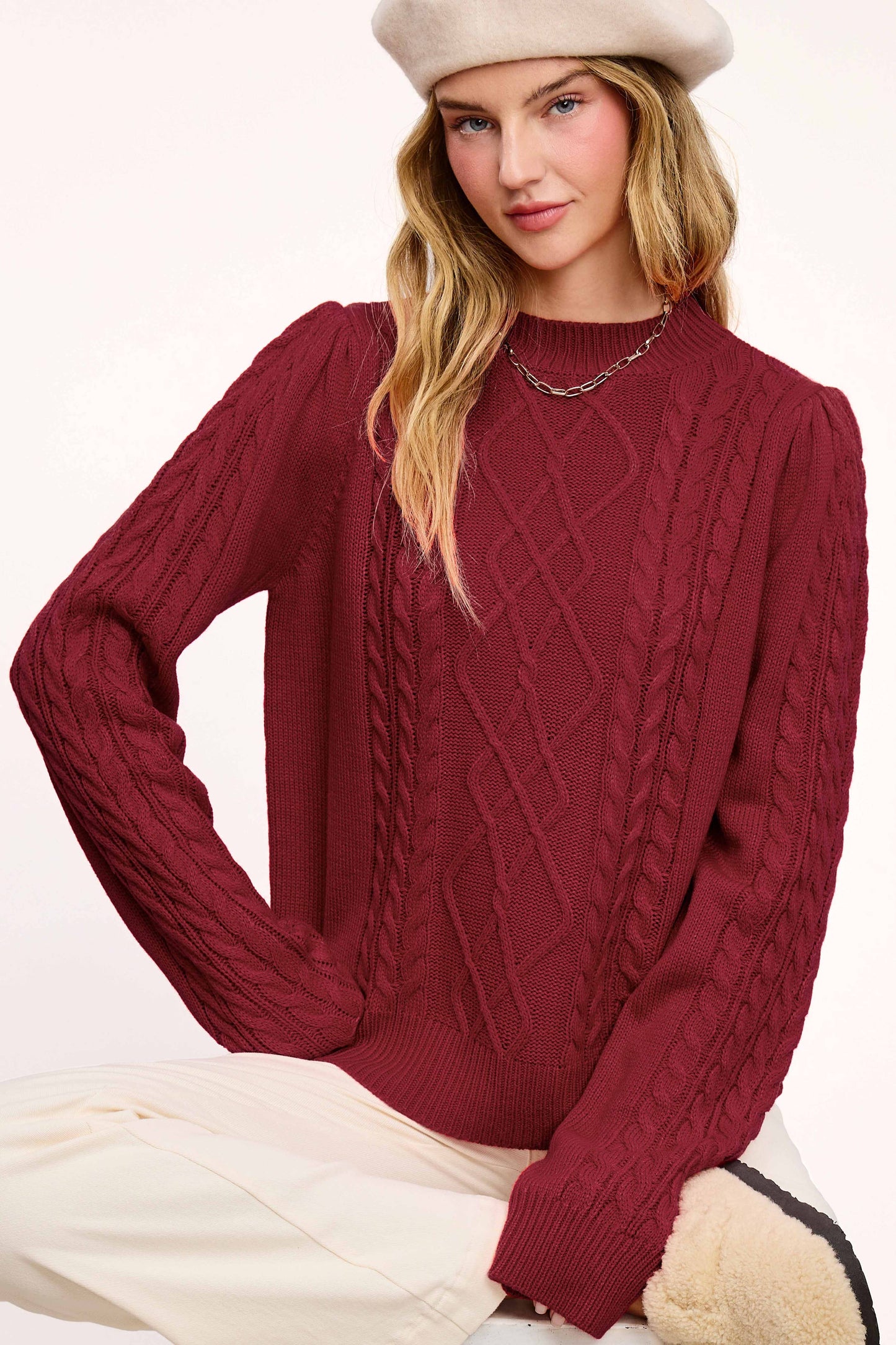 Maroon Crew Neck Cable Knit Sweater