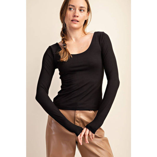 BLACK BUTTER SOFT DOUBLE LAYERED LONG SLEEVE TOP