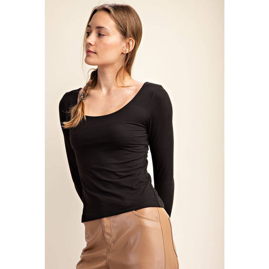 BLACK BUTTER SOFT DOUBLE LAYERED LONG SLEEVE TOP