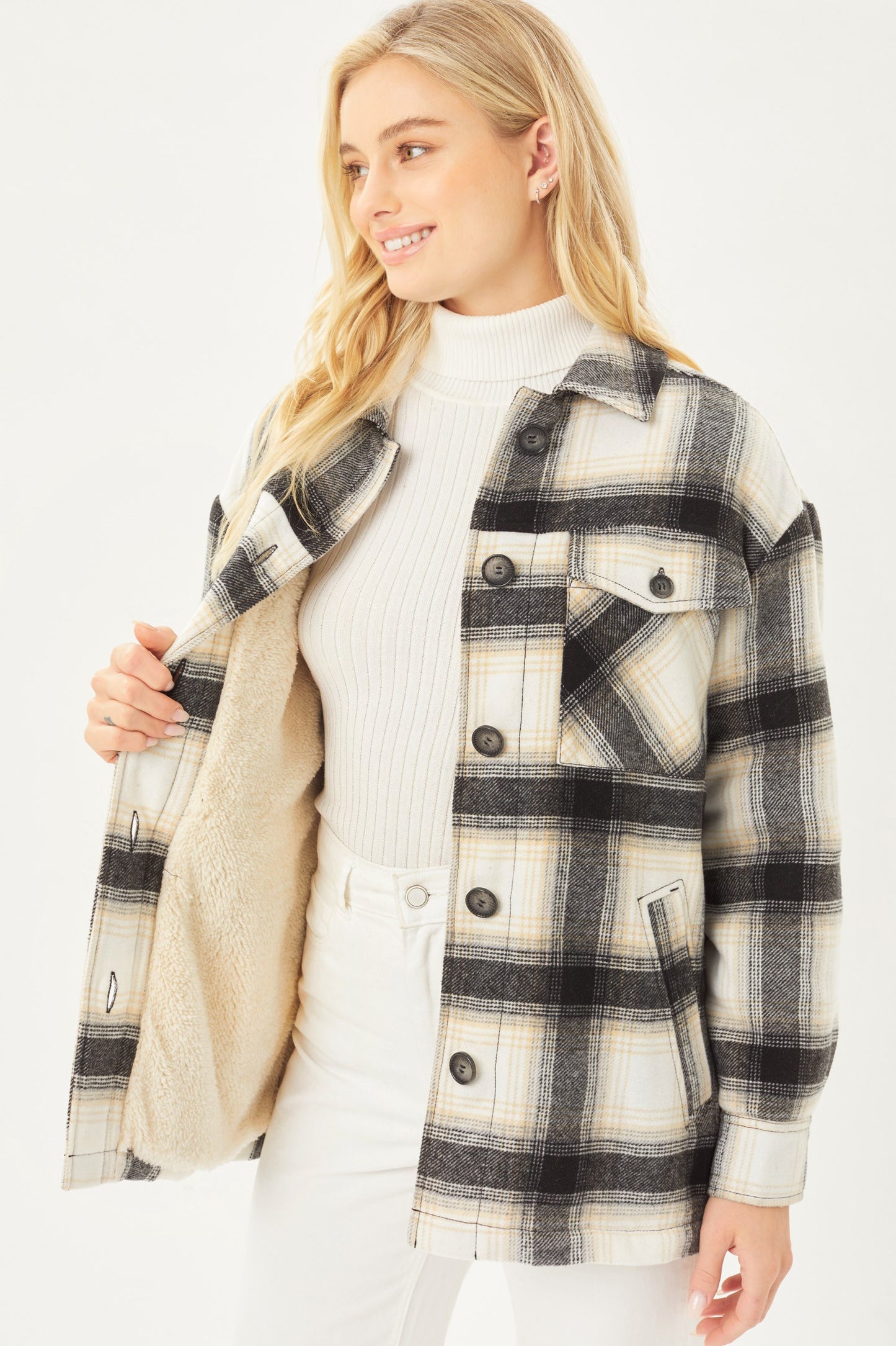 Black Sherpa Lined Plaid Flannel Jacket