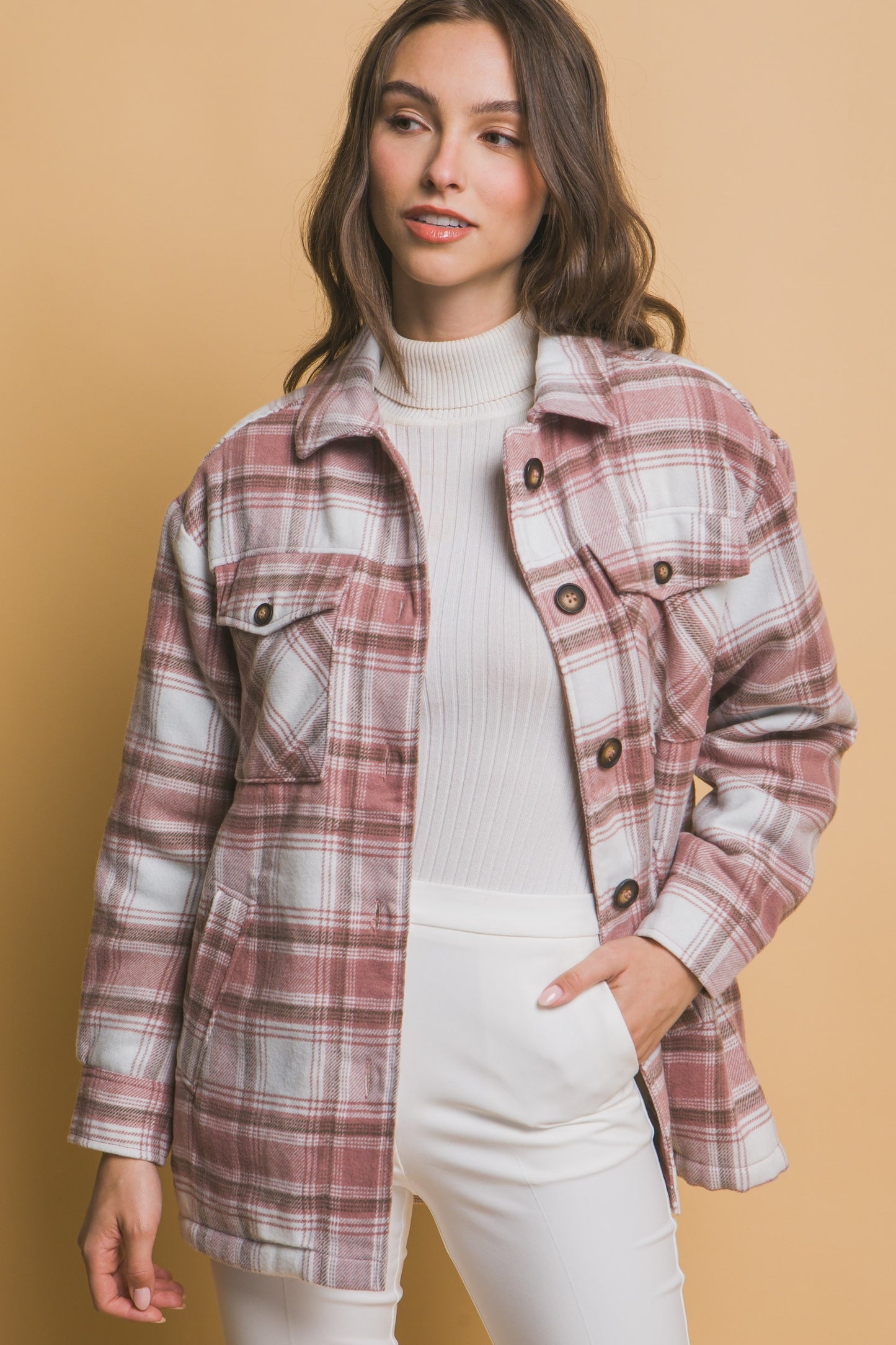 Pink Sherpa Lined Plaid Flannel Jacket