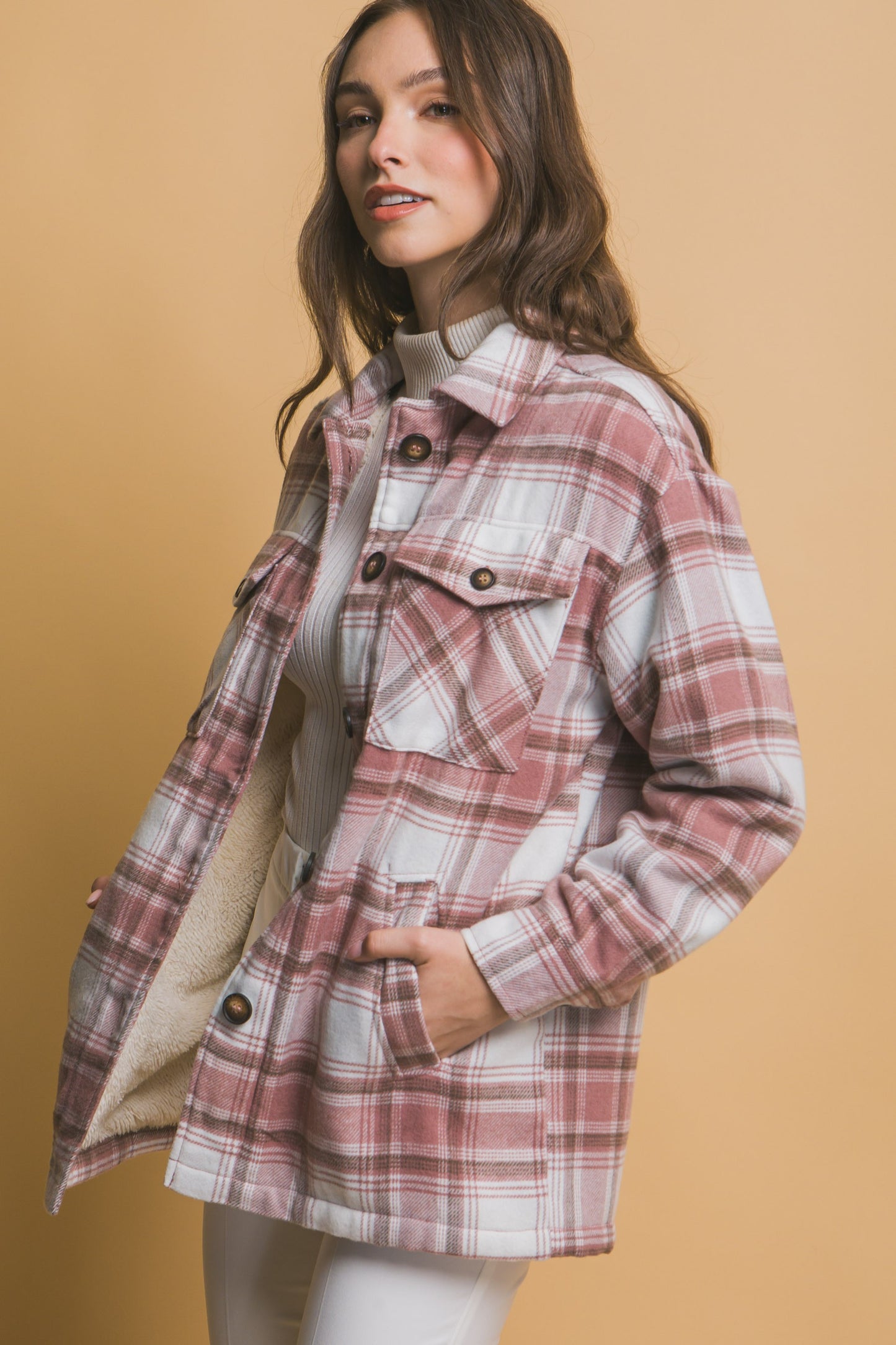 Pink Sherpa Lined Plaid Flannel Jacket