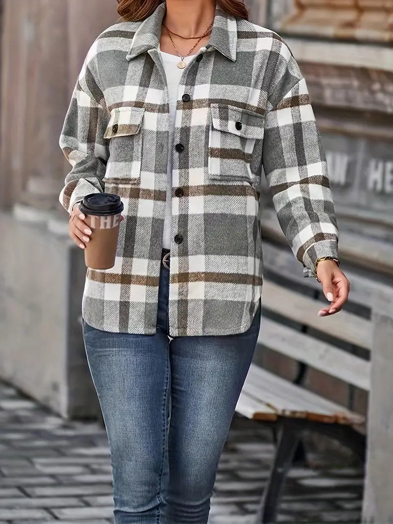 Grey & Tan Plaid Button Down Shacket