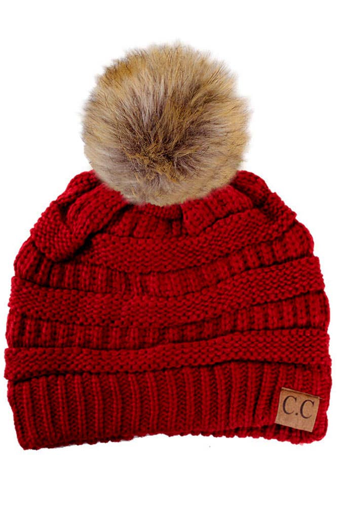 Solid Ribbed Knit Beanie With Pom