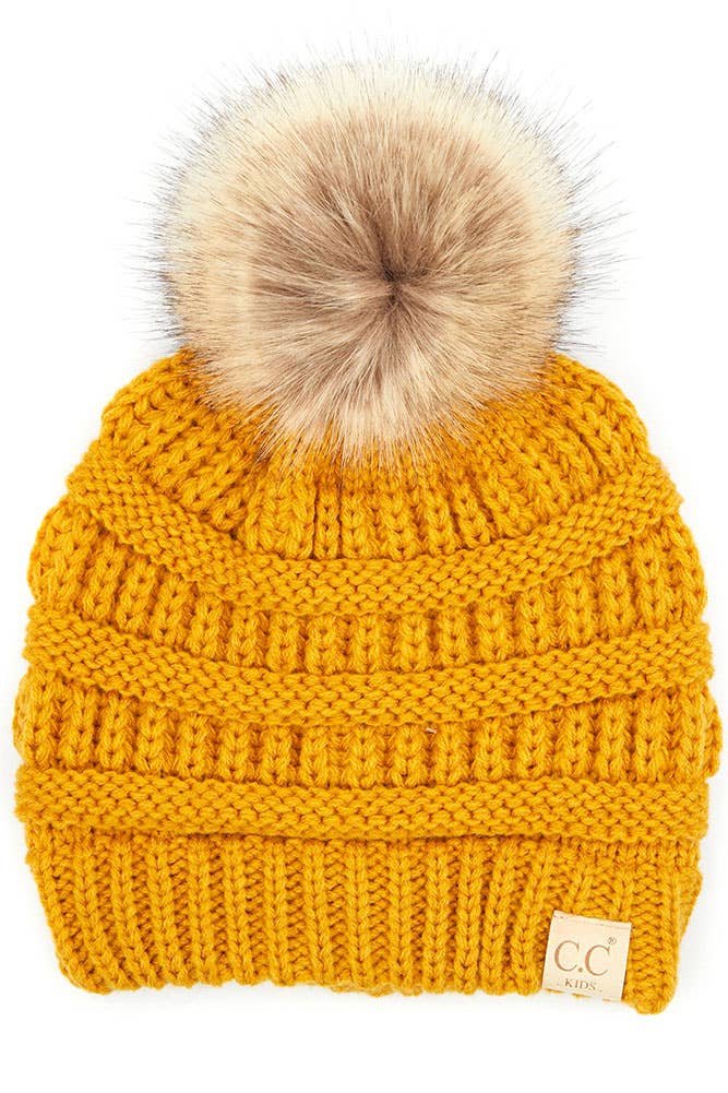 Kids Solid Ribbed Beanie with Pom