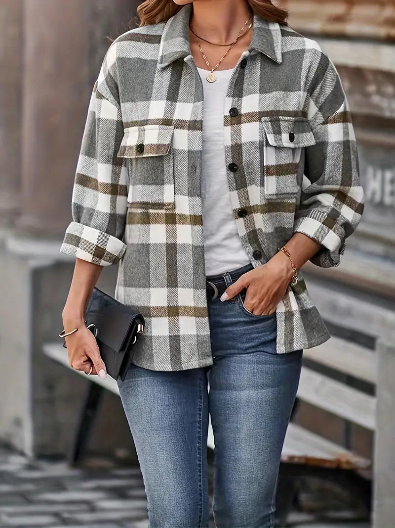 Grey & Tan Plaid Button Down Shacket