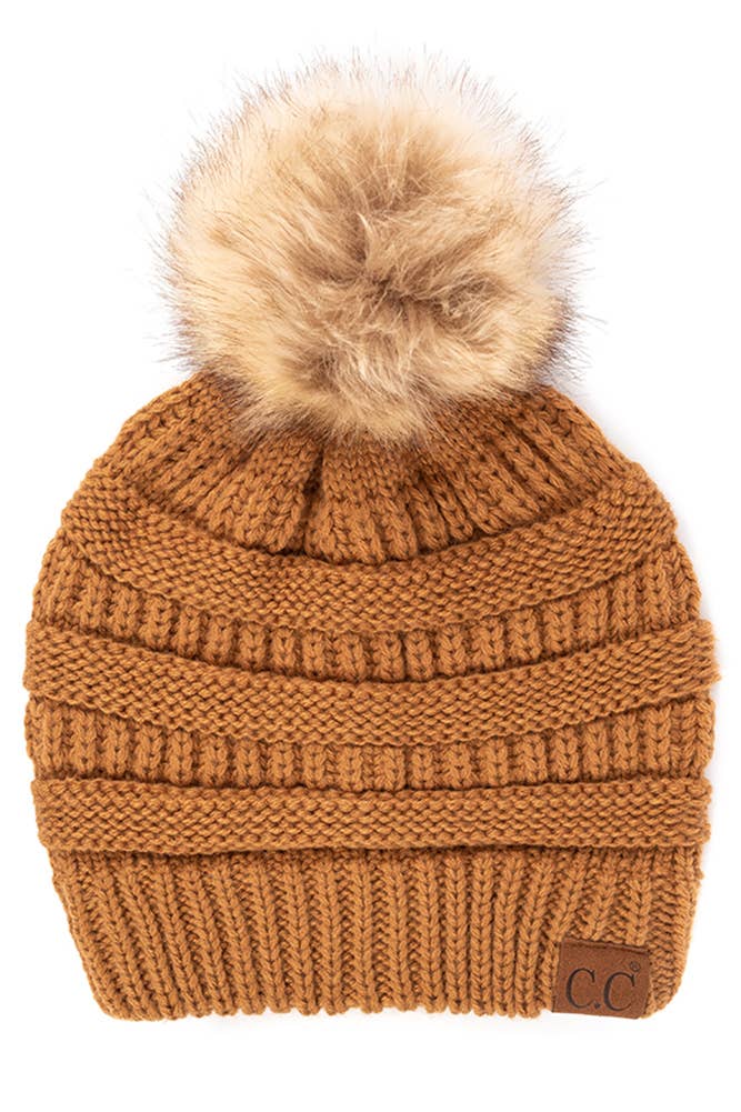 Solid Ribbed Knit Beanie With Pom