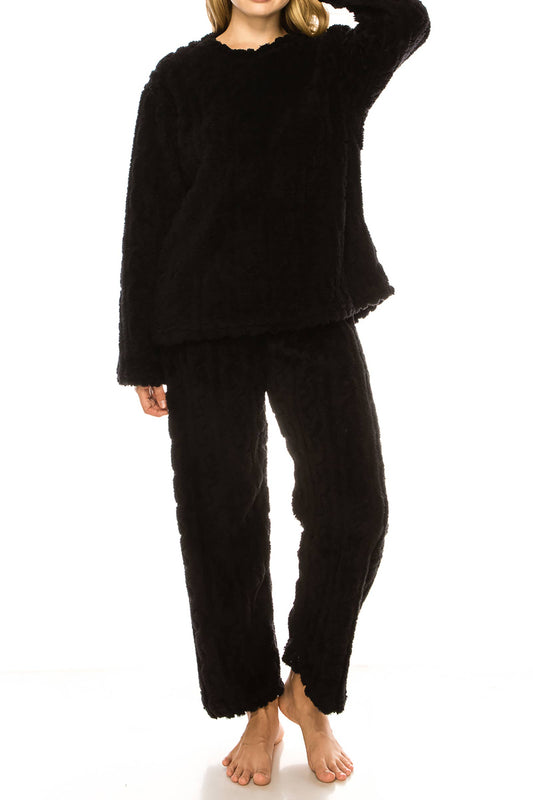 Black Fuzzy Sherpa Fleece Pajama Set