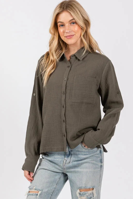 Roll Tap Sleeve Button Down Top