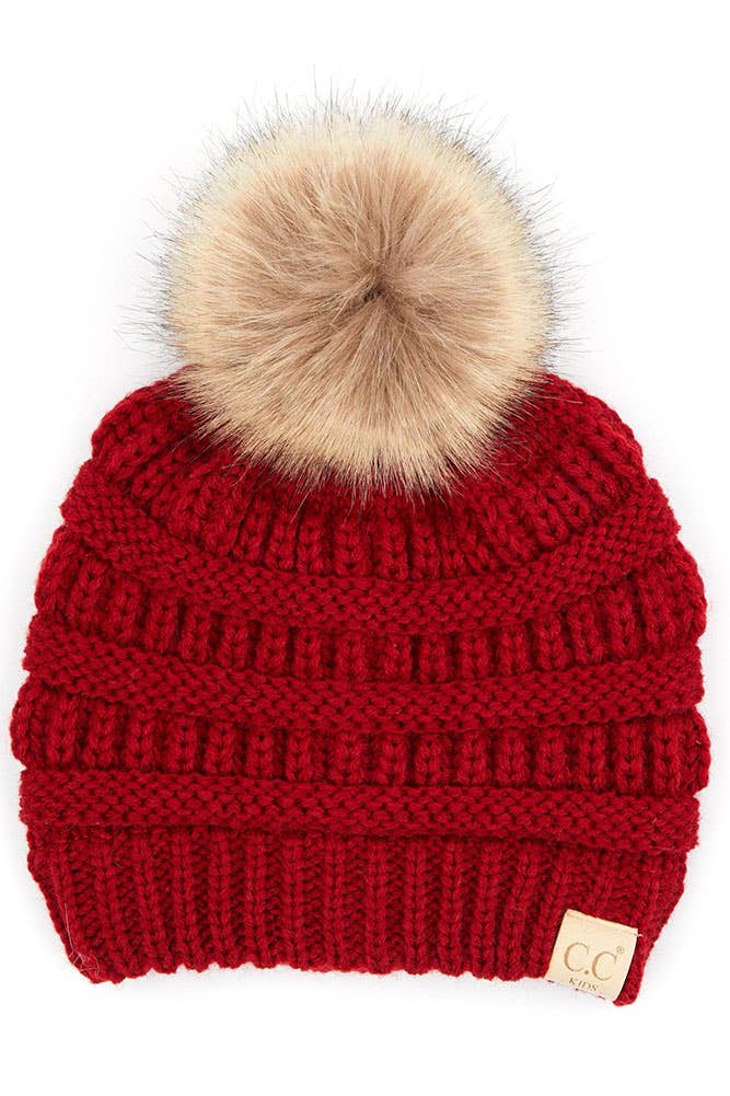 Kids Solid Ribbed Beanie with Pom