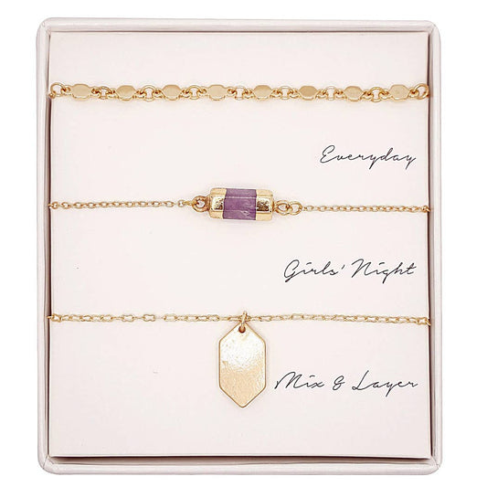 Purple and Gold Layering Necklaces - 3 Pc Set