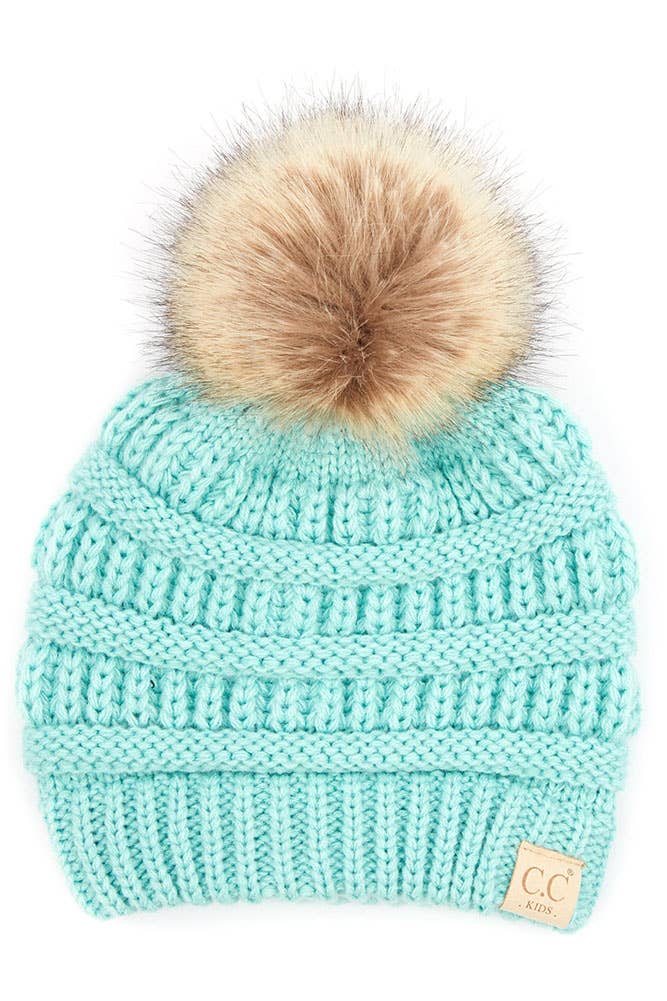 Kids Solid Ribbed Beanie with Pom