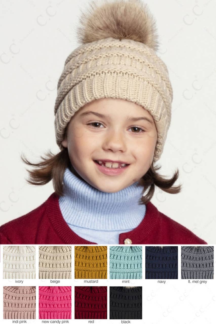 Kids Solid Ribbed Beanie with Pom