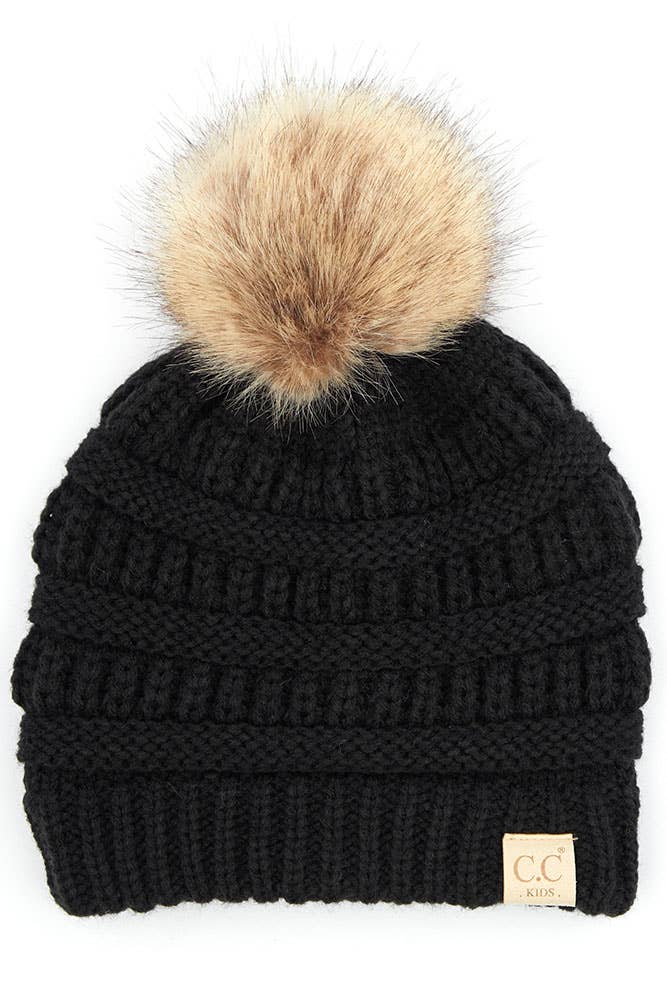 Kids Solid Ribbed Beanie with Pom