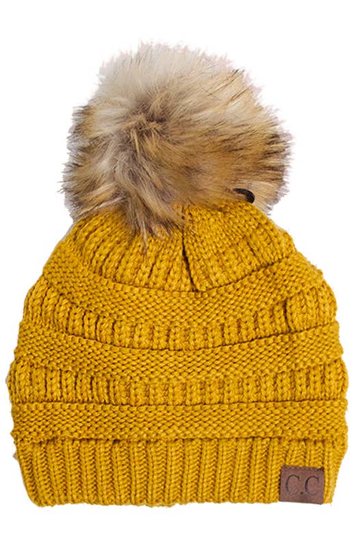 Solid Ribbed Knit Beanie With Pom