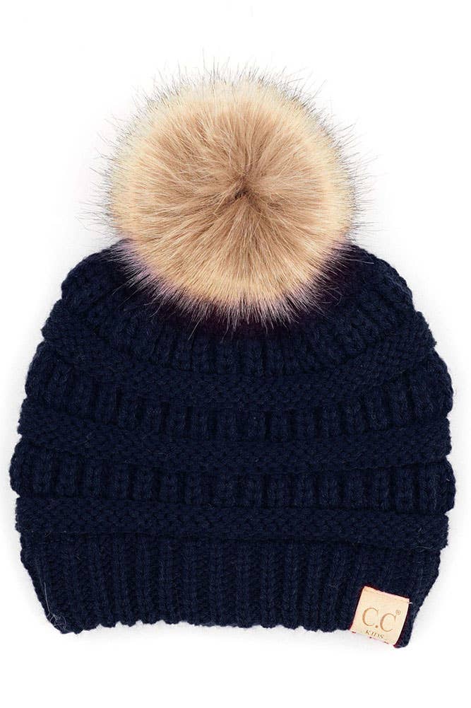 Kids Solid Ribbed Beanie with Pom