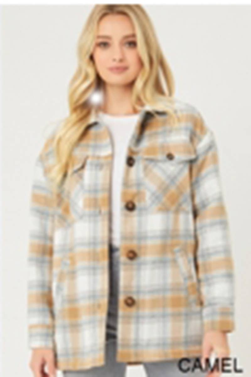 Camel Sherpa Lined Plaid Flannel Jacket