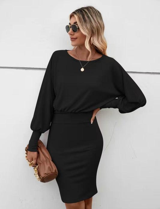 Black Ribbed Balloon Long Sleeve Dress