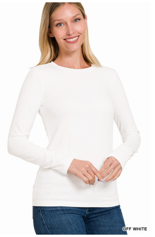 WHITE BRUSHED MICROFIBER LONG SLEEVE TEE