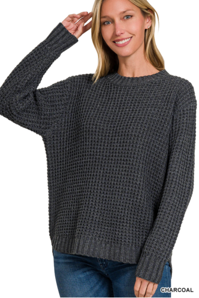 CHARCOAL HI-LOW WAFFLE SWEATER