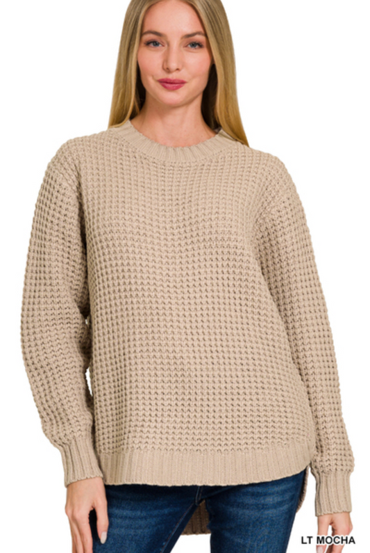 MOCHA HI-LOW WAFFLE SWEATER