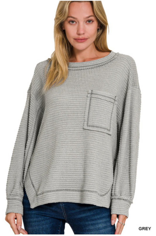 Grey Hi-Low Exposed Seam Long Sleeve Waffle Top