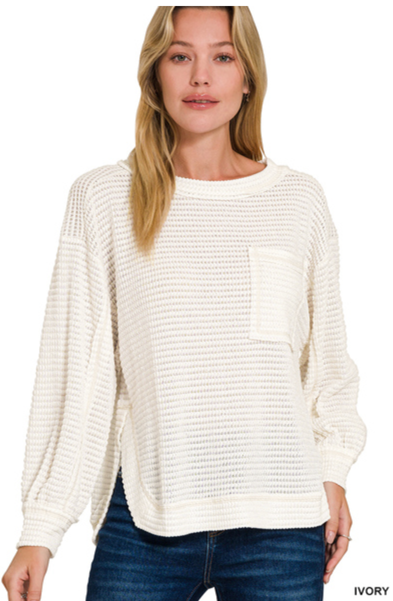 Ivory Hi-Low Exposed Seam Long Sleeve Waffle Top