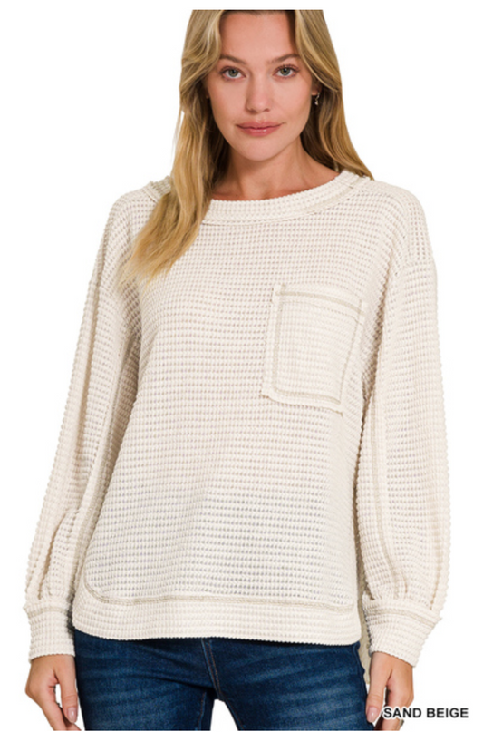 BEIGE Hi-Low Exposed Seam Long Sleeve Waffle Top