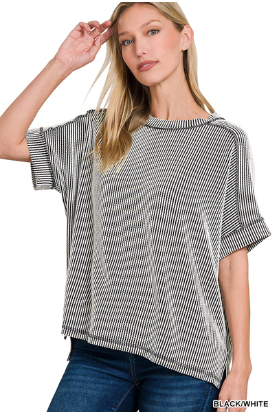 BLACK/WHITE CORDED CUFFED SLEEVE TOP