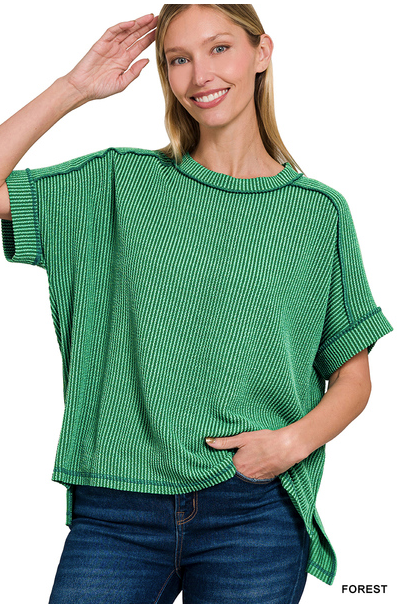 FOREST GREEN CORDED CUFFED SLEEVE TOP