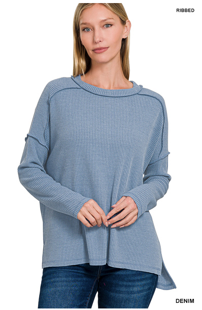 DENIM DROP SHOULDER ROUND NECK SWEATER