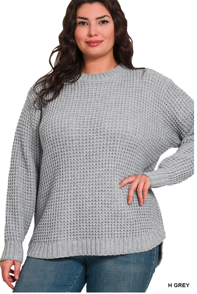 HEATHER GREY HI-LOW WAFFLE SWEATER