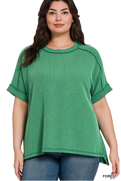 FOREST GREEN CORDED CUFFED SLEEVE TOP