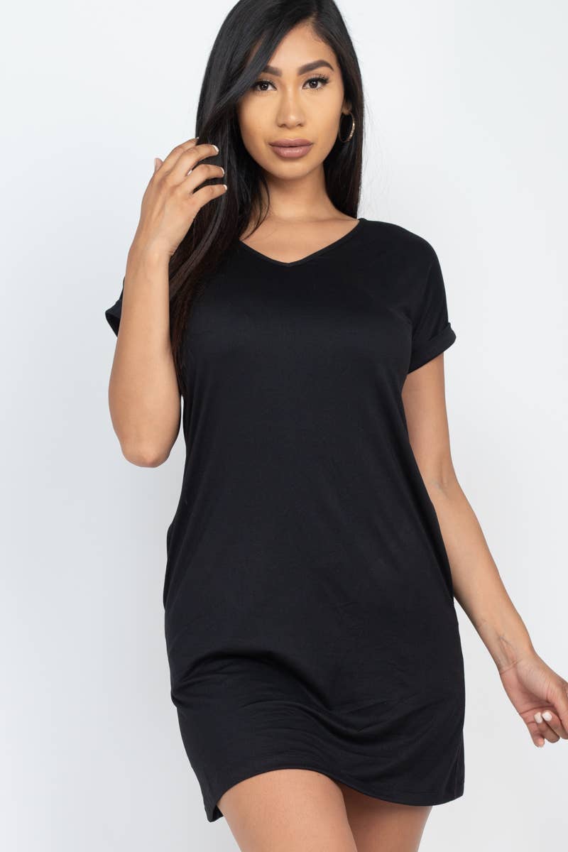 Black Short Sleeve Mini Dress w/pockets