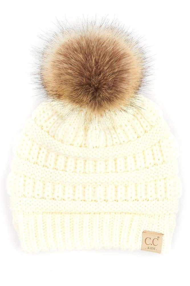 Kids Solid Ribbed Beanie with Pom