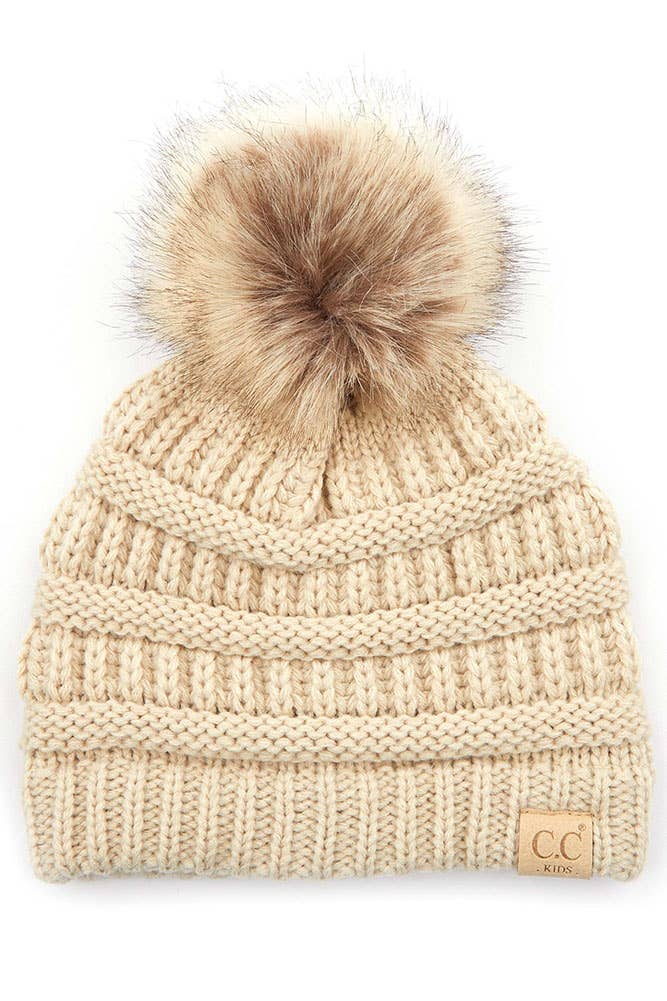 Kids Solid Ribbed Beanie with Pom