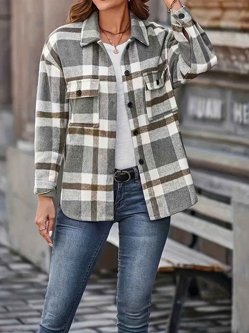 Grey & Tan Plaid Button Down Shacket