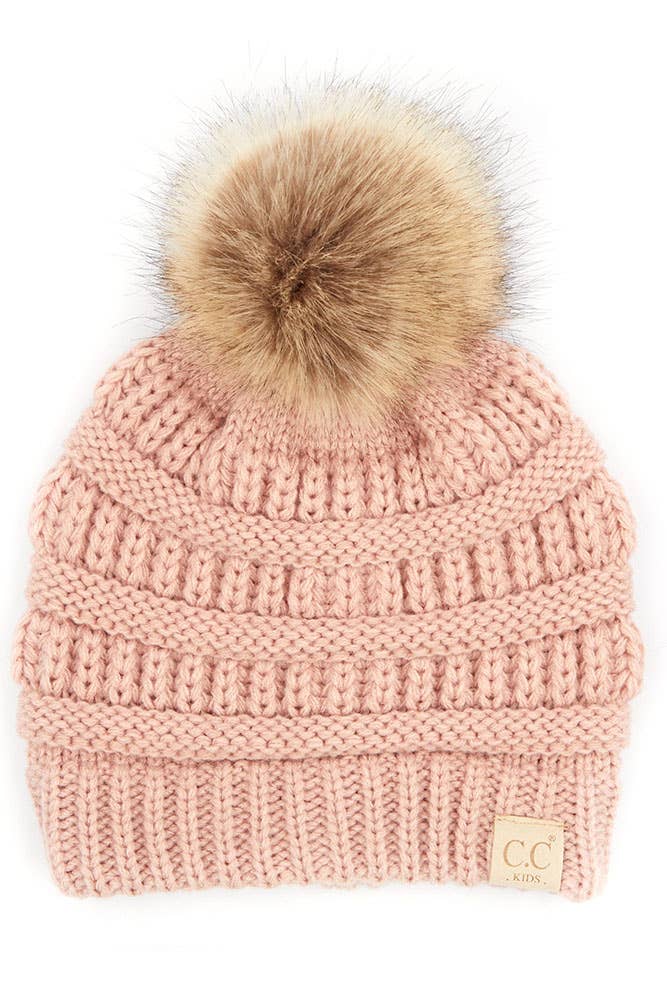 Kids Solid Ribbed Beanie with Pom