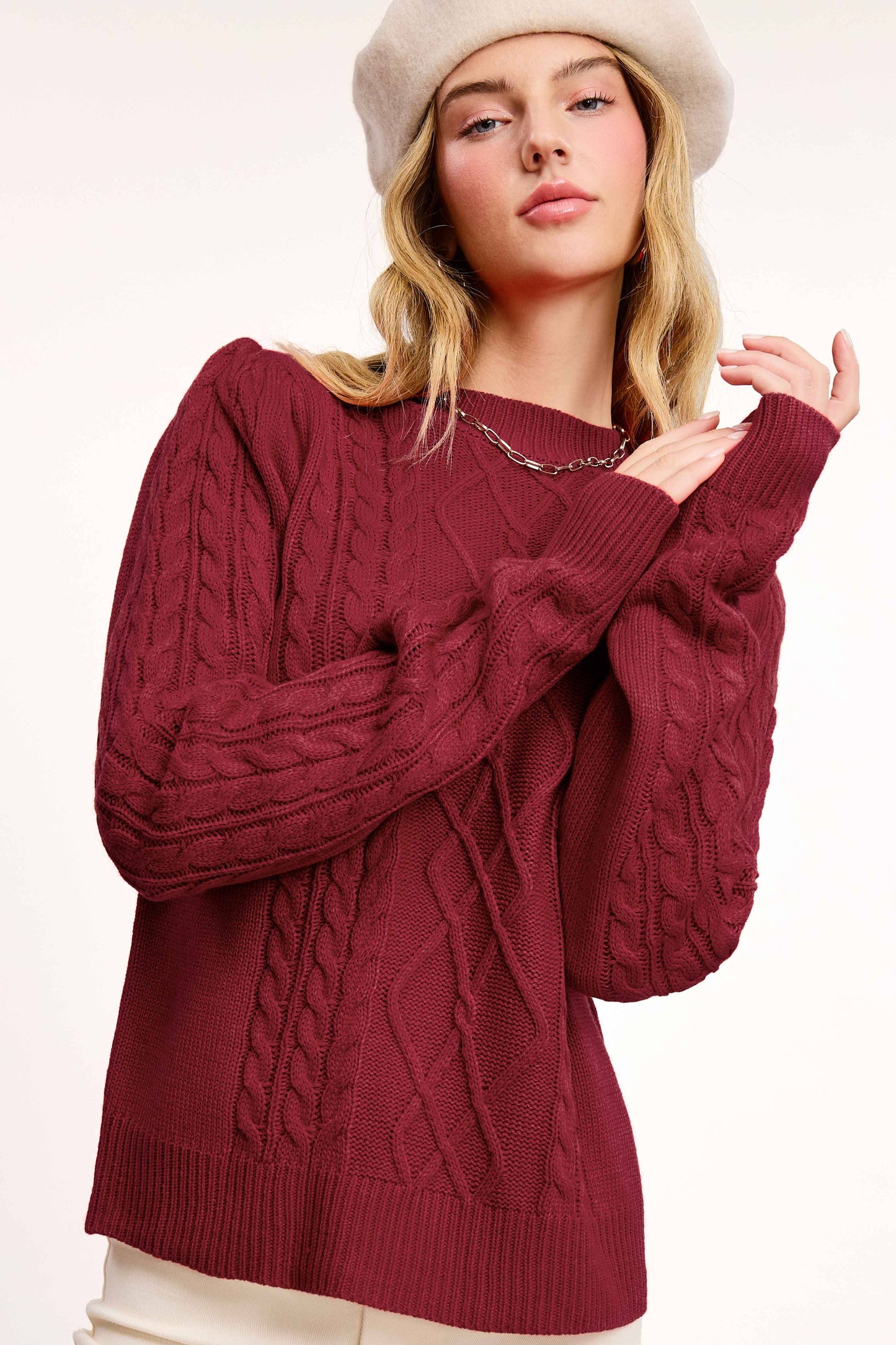 Maroon Crew Neck Cable Knit Sweater