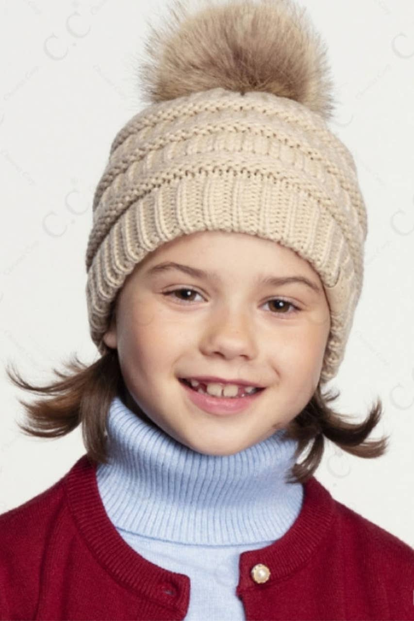 Kids Solid Ribbed Beanie with Pom