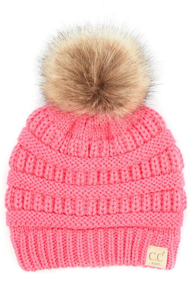 Kids Solid Ribbed Beanie with Pom