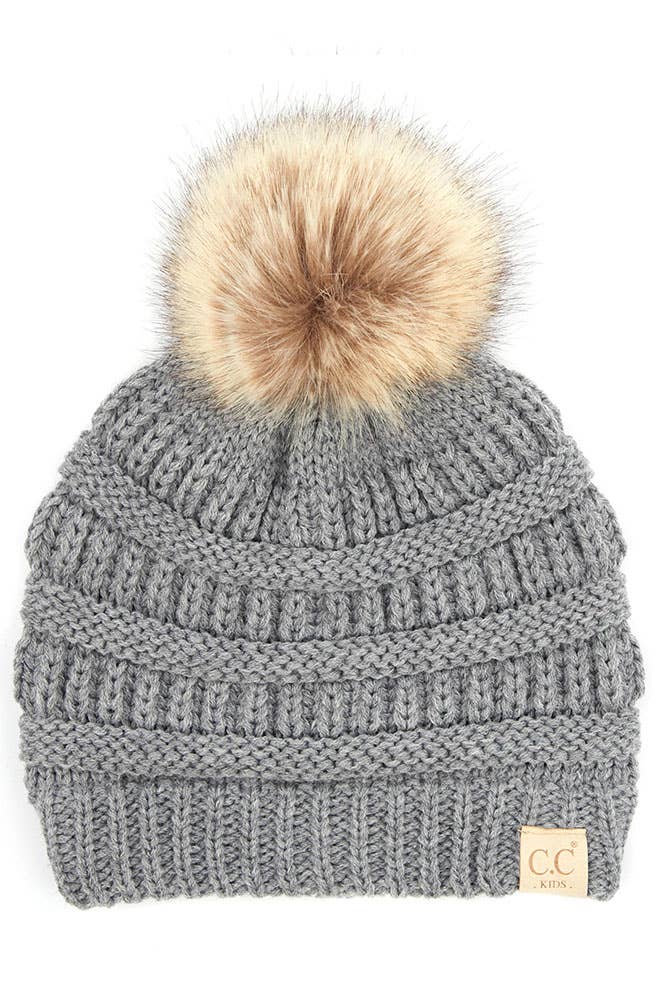 Kids Solid Ribbed Beanie with Pom