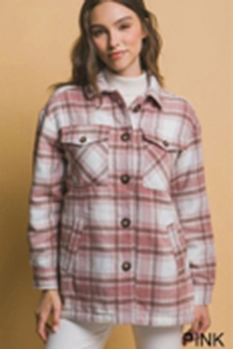 Pink Sherpa Lined Plaid Flannel Jacket