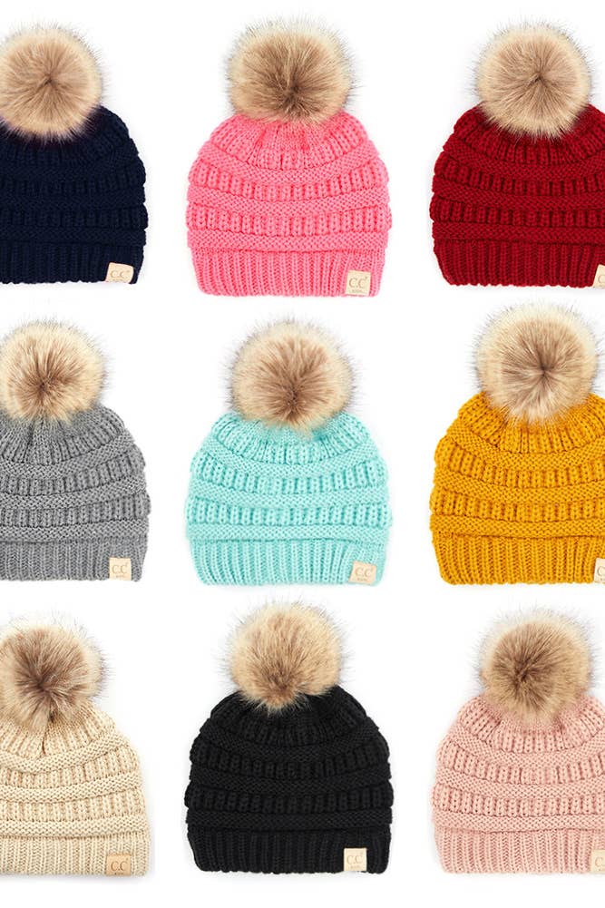 Kids Solid Ribbed Beanie with Pom