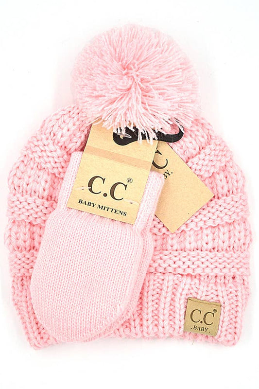 C.C Solid Ribbed Baby Pom Beanie and Mitten Glove Set